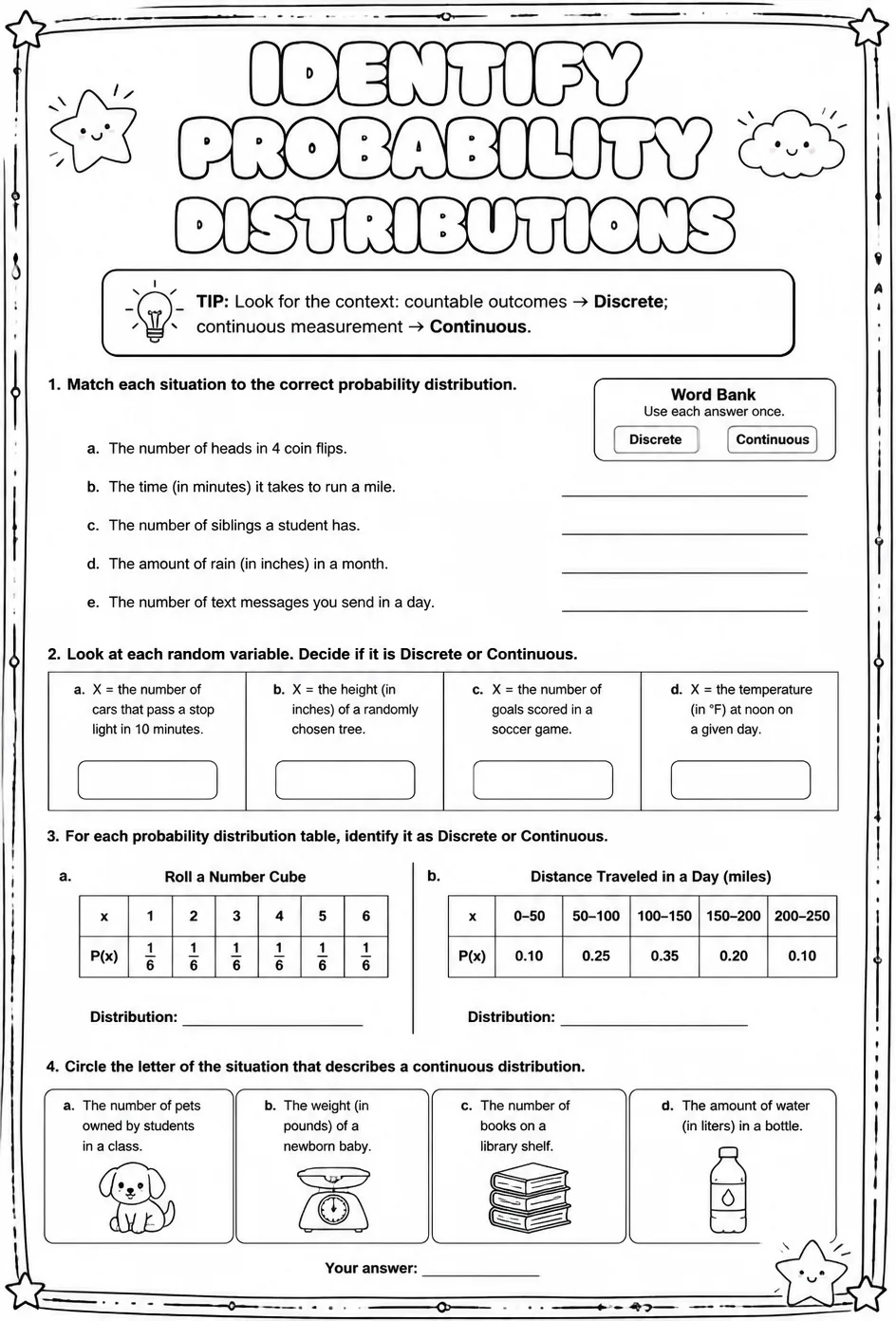 Identify probability distributions — free printable Algebra 2 math worksheet