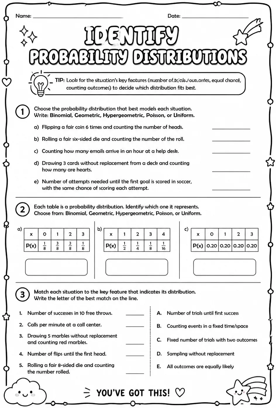 Identify probability distributions — free printable Precalculus math worksheet