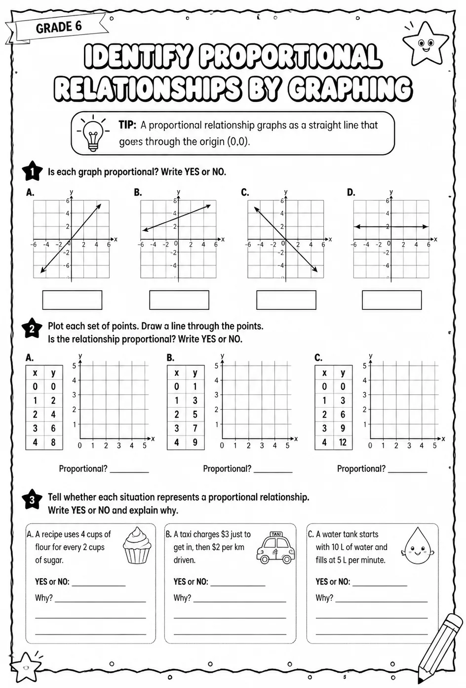 Identify proportional relationships by graphing — free printable Grade 6 math worksheet