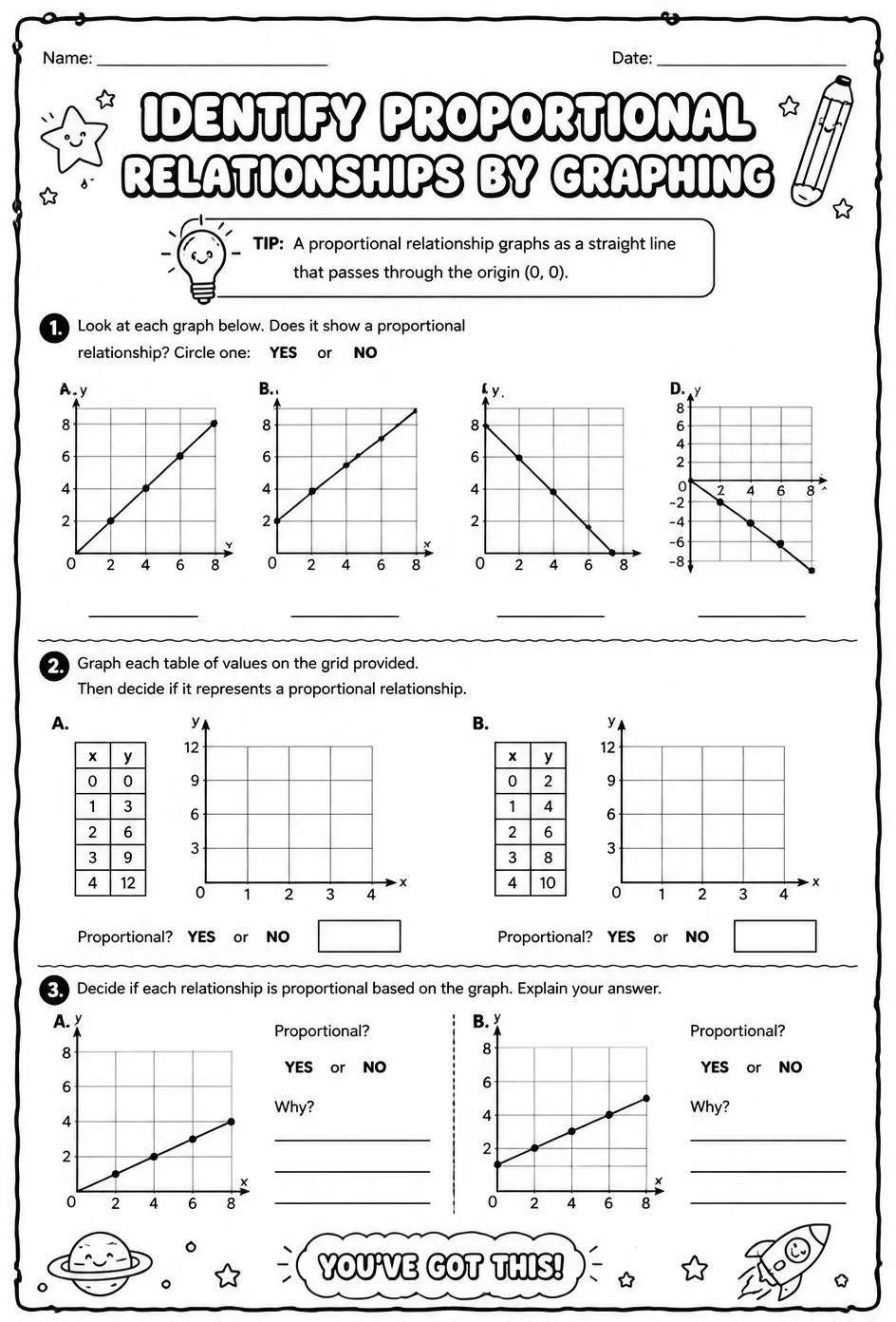 Identify proportional relationships by graphing — free printable Grade 7 math worksheet