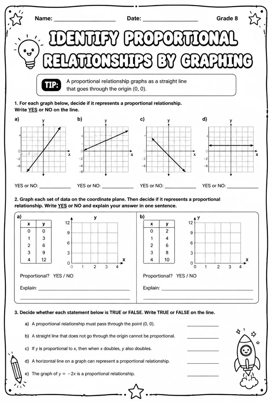 Identify proportional relationships by graphing — free printable Grade 8 math worksheet