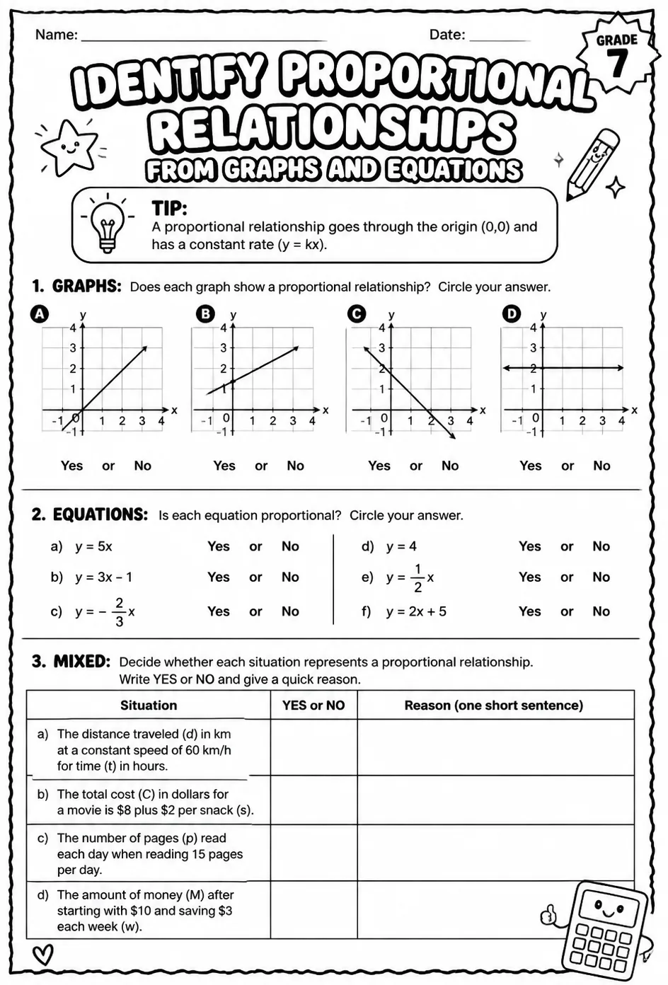 Identify proportional relationships from graphs and equations — free printable Grade 7 math worksheet