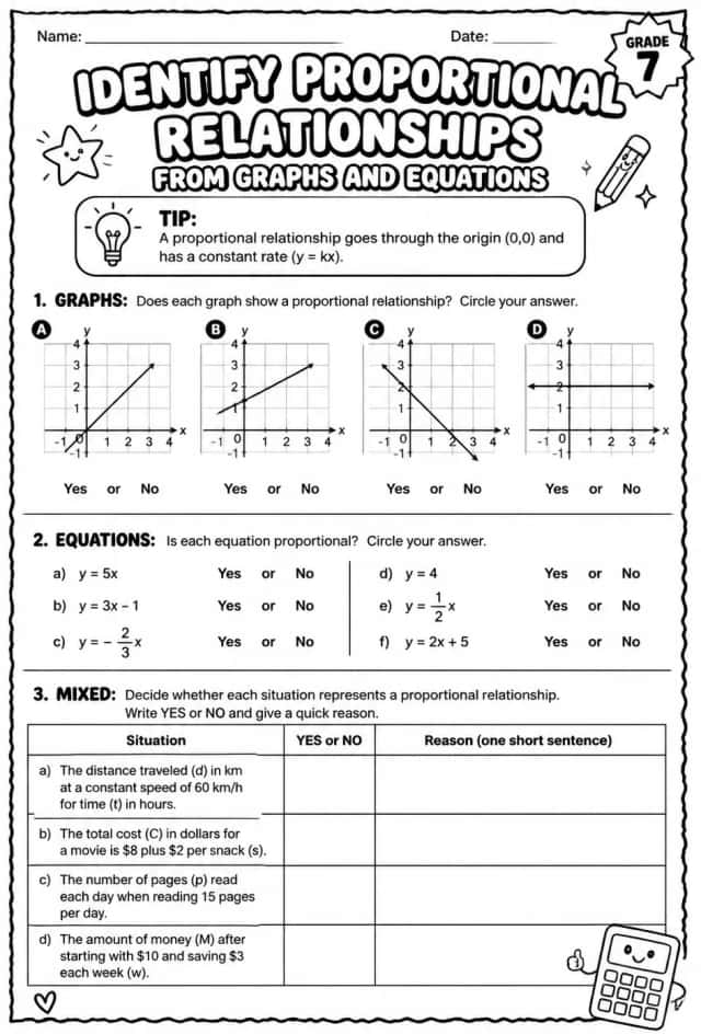 Identify proportional relationships from graphs and equations