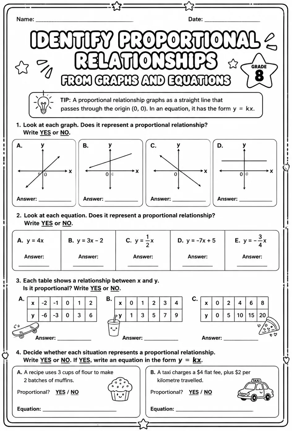Identify proportional relationships from graphs and equations — free printable Grade 8 math worksheet