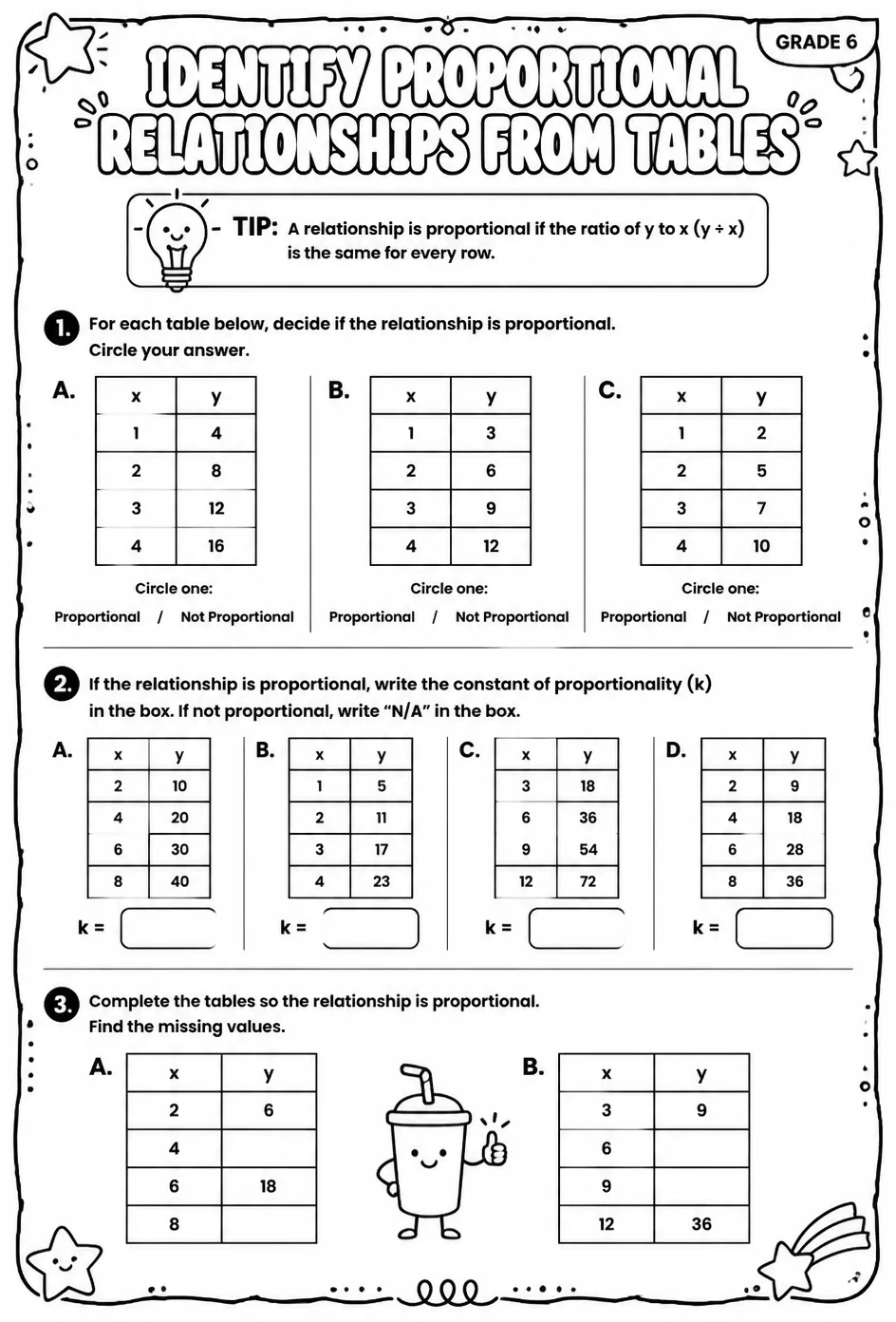 Identify proportional relationships from tables — free printable Grade 6 math worksheet