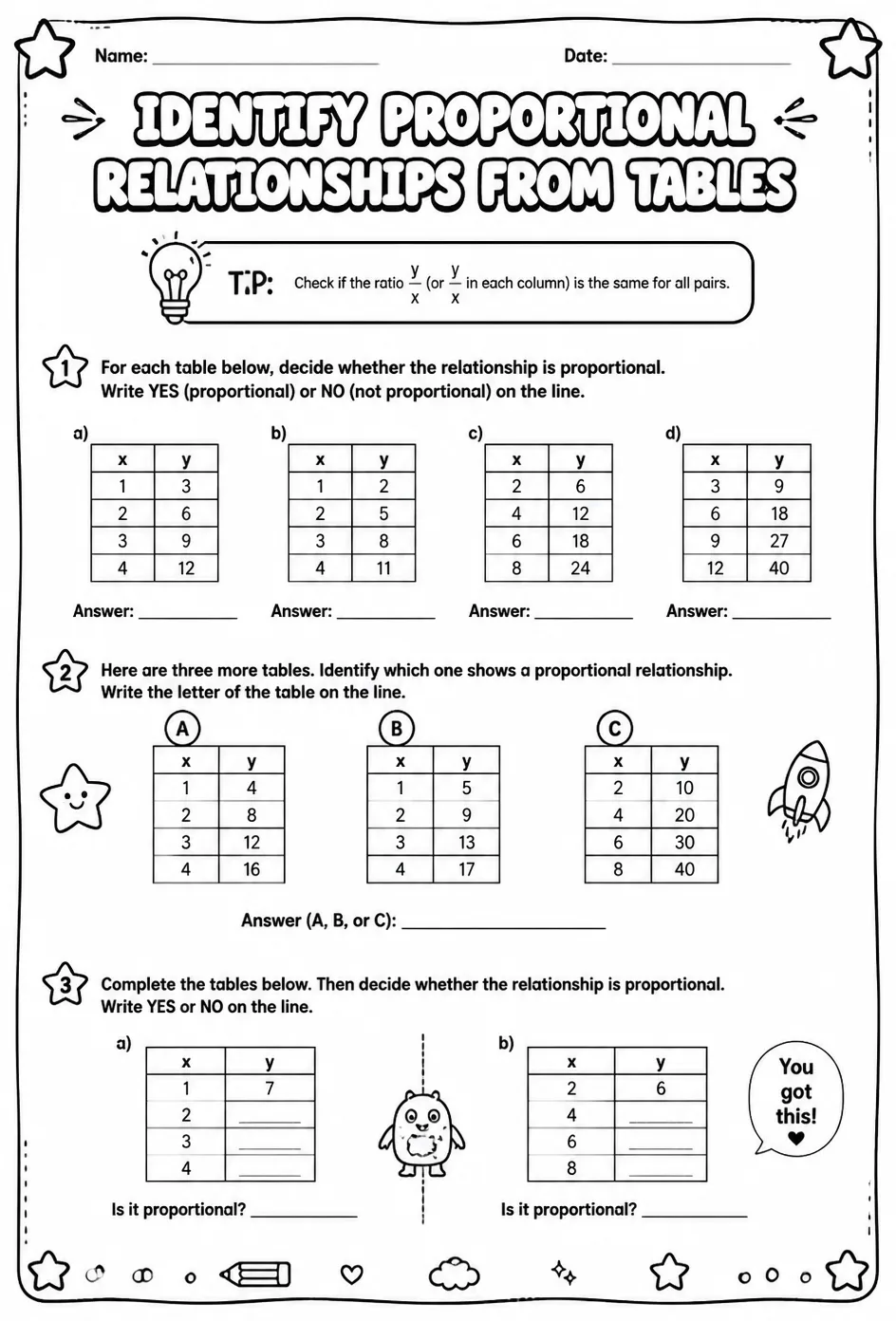 Identify proportional relationships from tables — free printable Grade 7 math worksheet