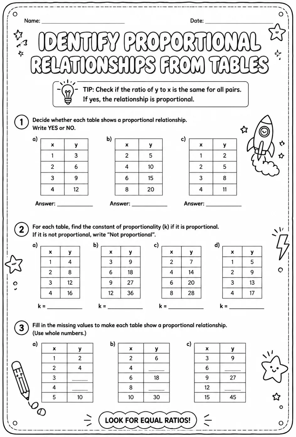 Identify proportional relationships from tables — free printable Grade 8 math worksheet
