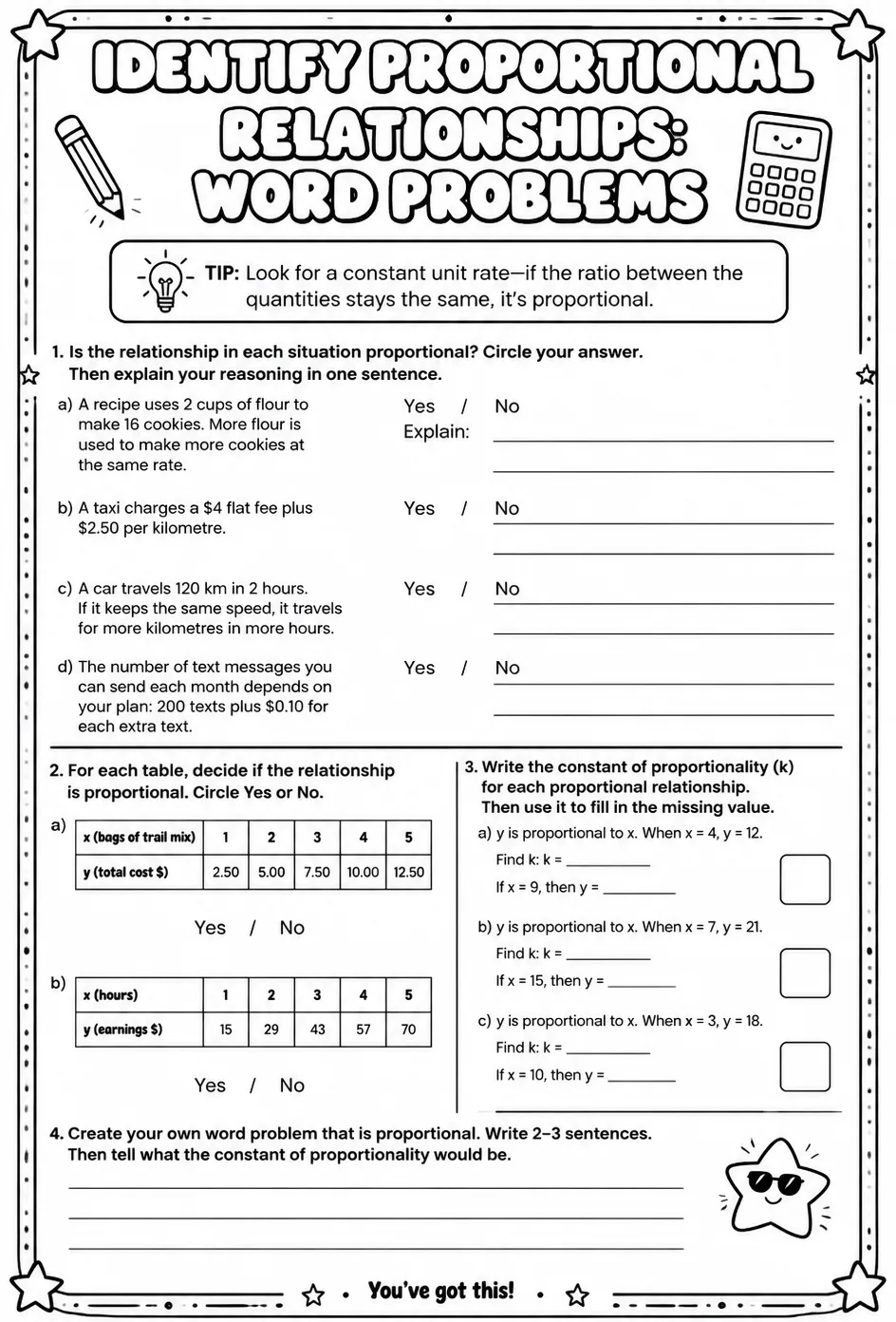 Identify proportional relationships: word problems — free printable Grade 8 math worksheet