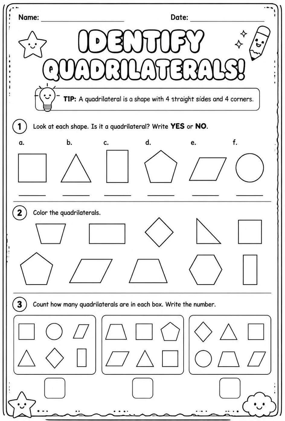 Identify quadrilaterals — free printable Grade 2 math worksheet
