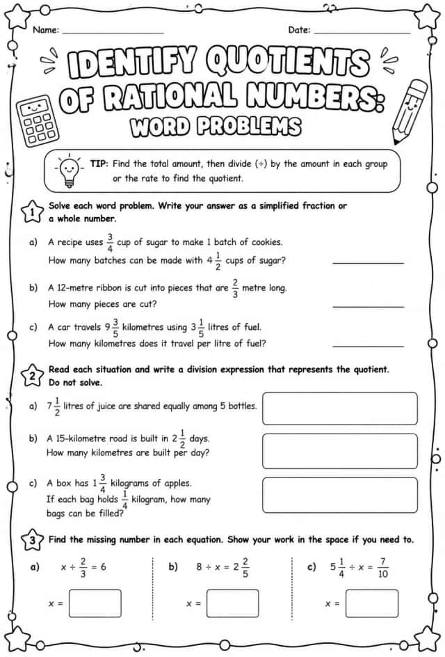 Identify quotients of rational numbers: word problems