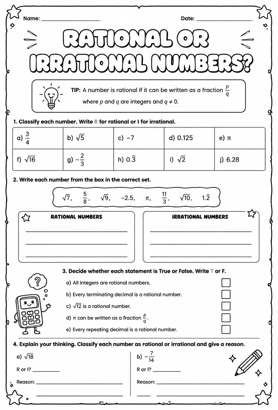 Identify rational and irrational numbers — free printable Grade 8 math worksheet