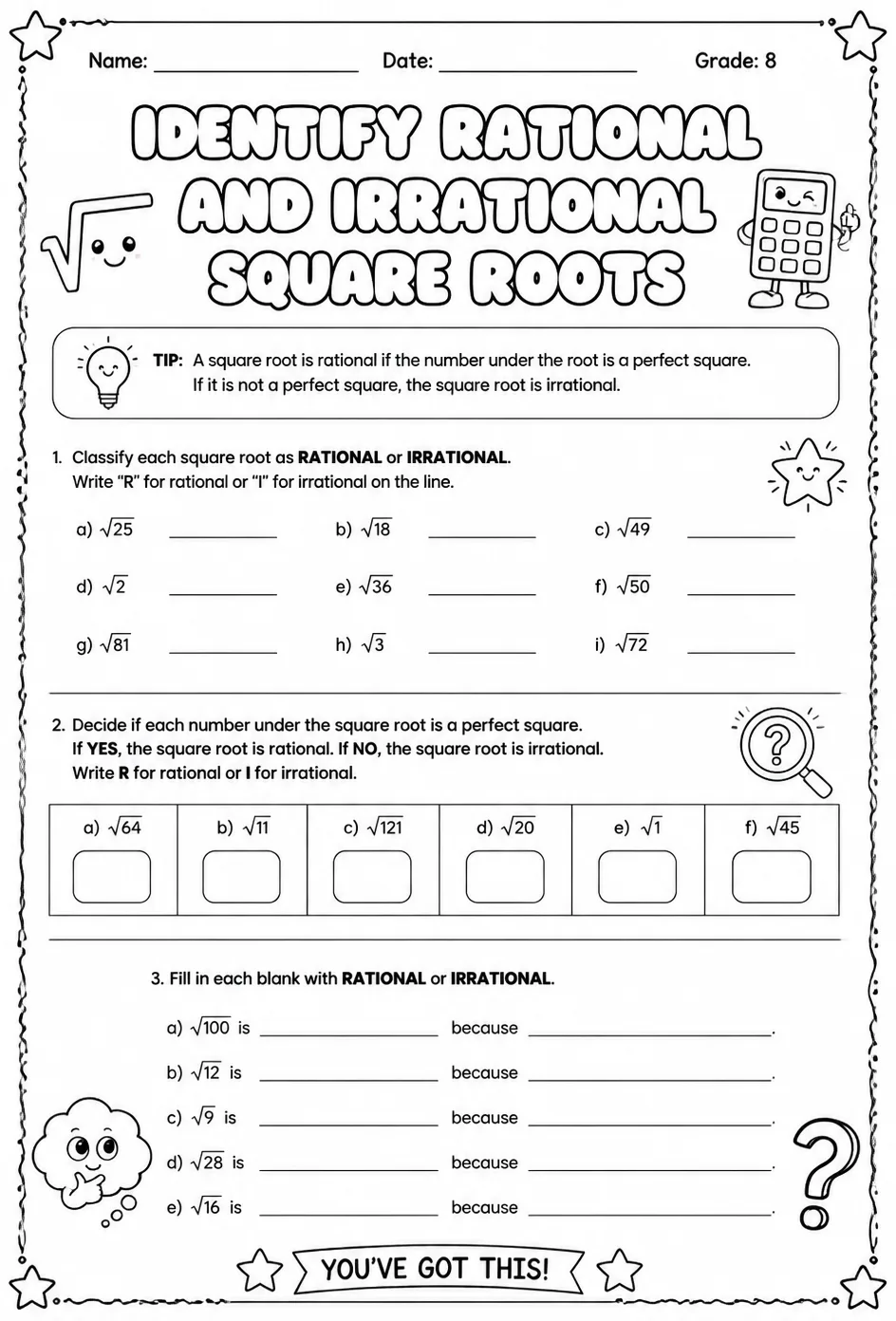 Identify rational and irrational square roots — free printable Grade 8 math worksheet