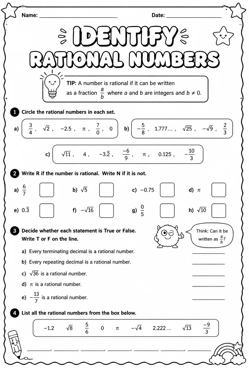 Identify rational numbers — free printable Grade 7 math worksheet
