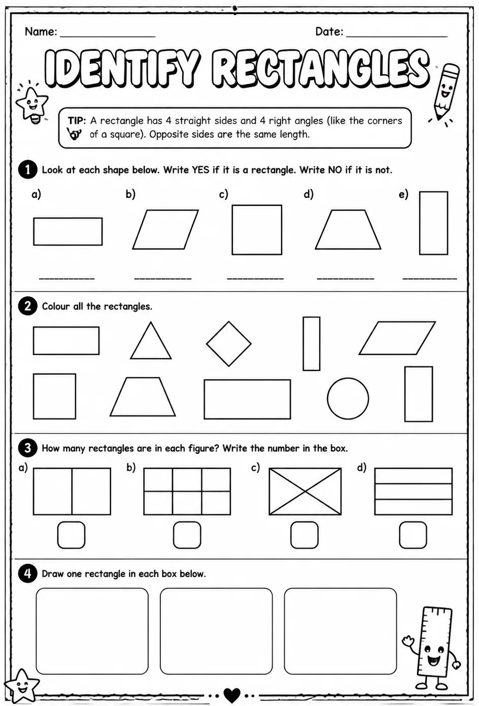 Identify rectangles — free printable Grade 3 math worksheet