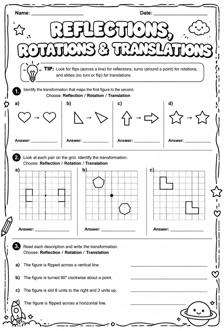 Identify reflections, rotations, and translations — free printable Grade 8 math worksheet