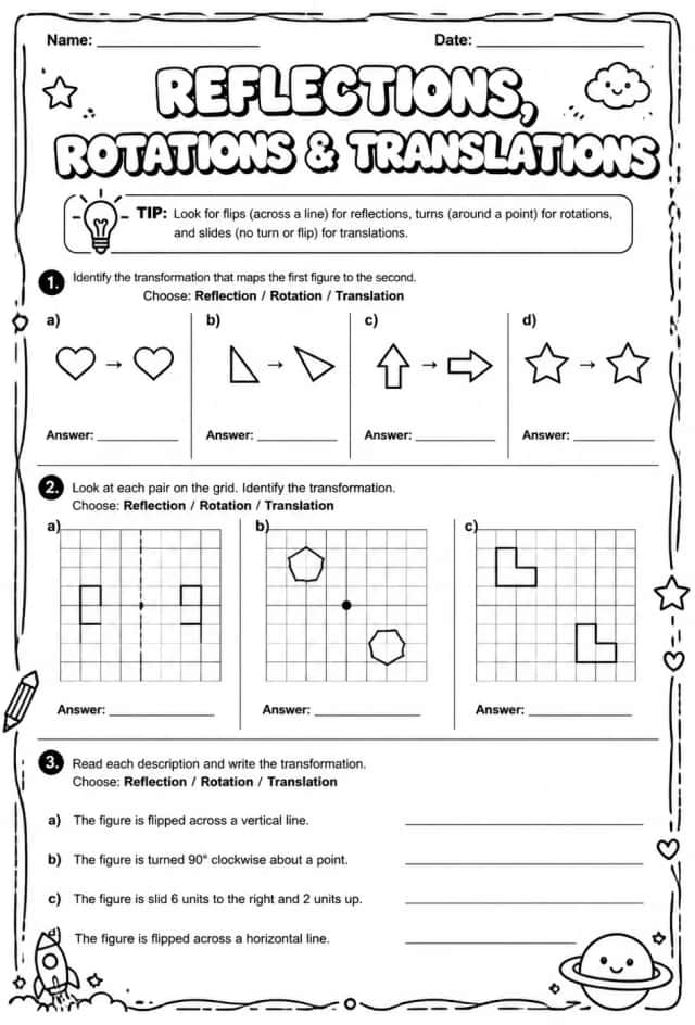 Identify reflections, rotations, and translations