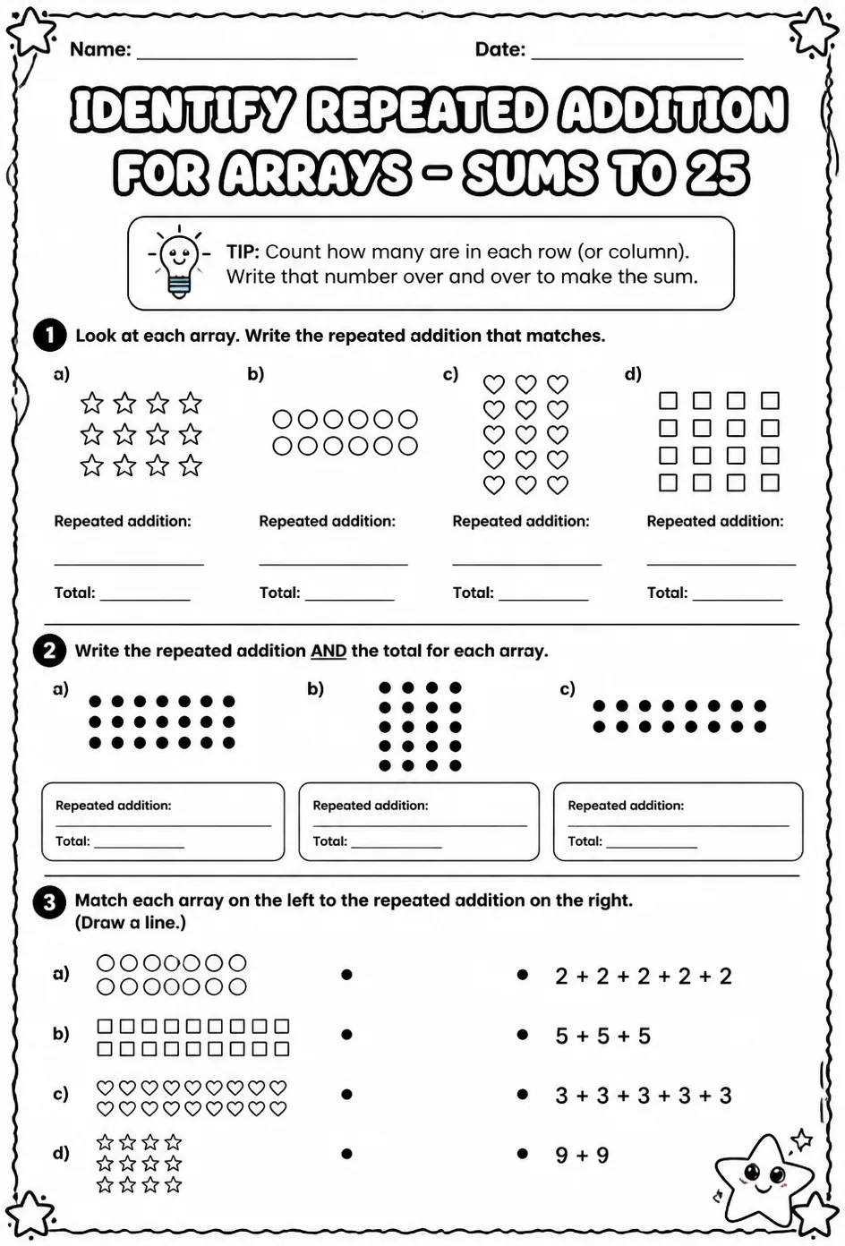 Identify repeated addition for arrays - sums to 25 — free printable Grade 2 math worksheet