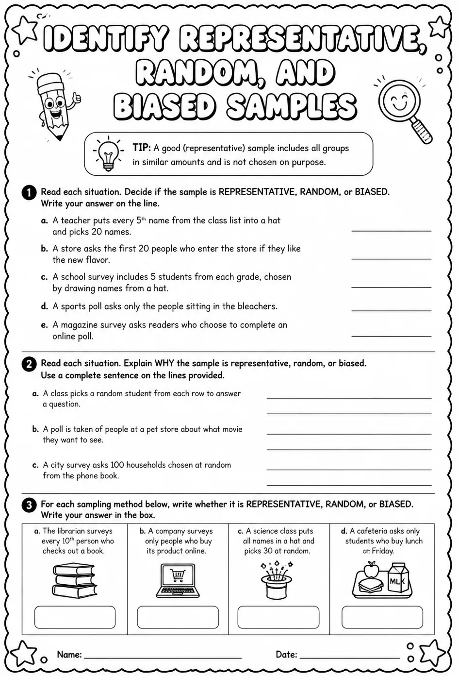 Identify representative, random, and biased samples — free printable Grade 6 math worksheet