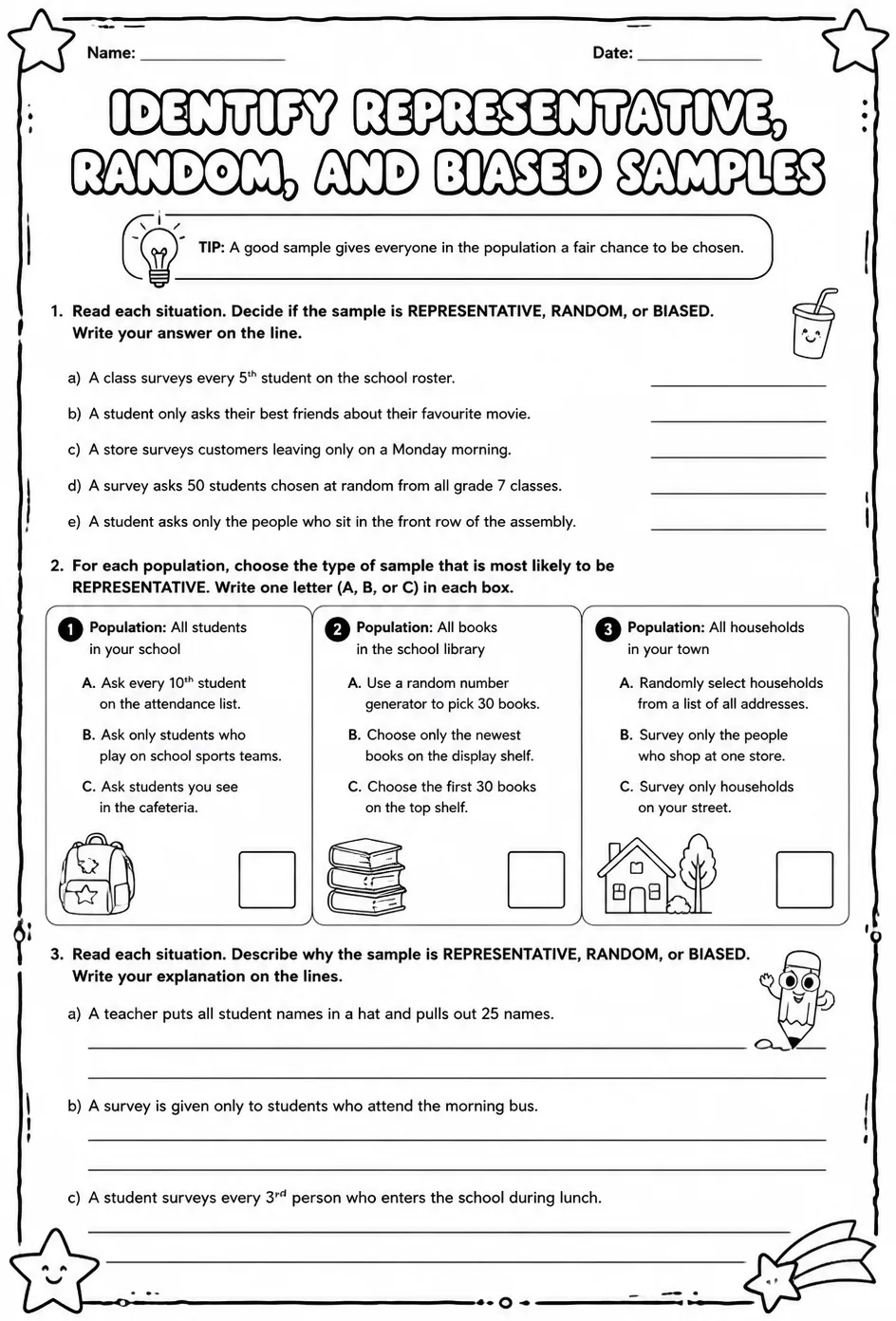 Identify representative, random, and biased samples — free printable Grade 7 math worksheet