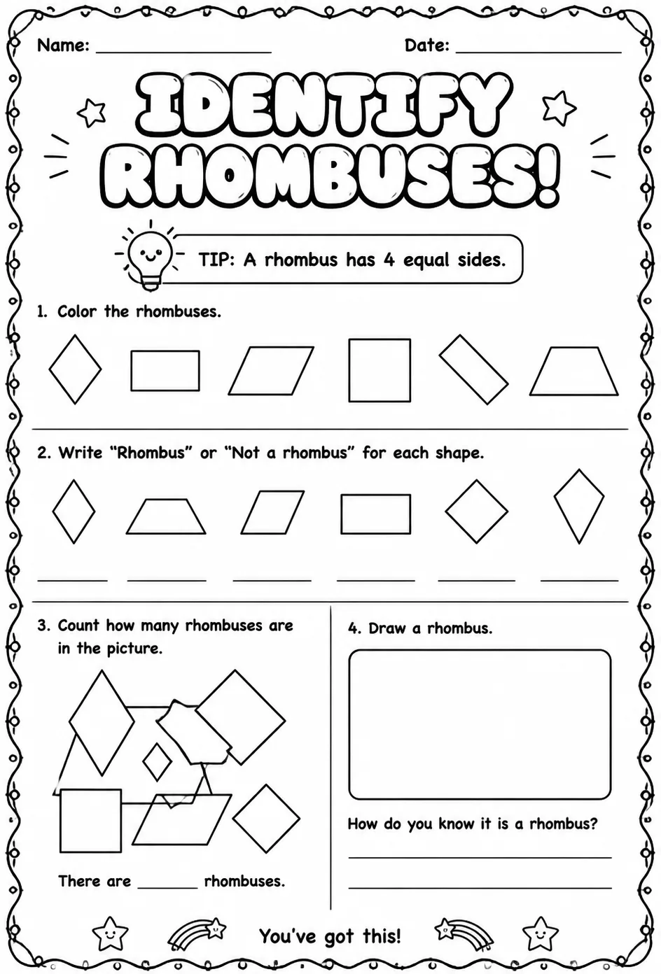 Identify rhombuses — free printable Grade 3 math worksheet