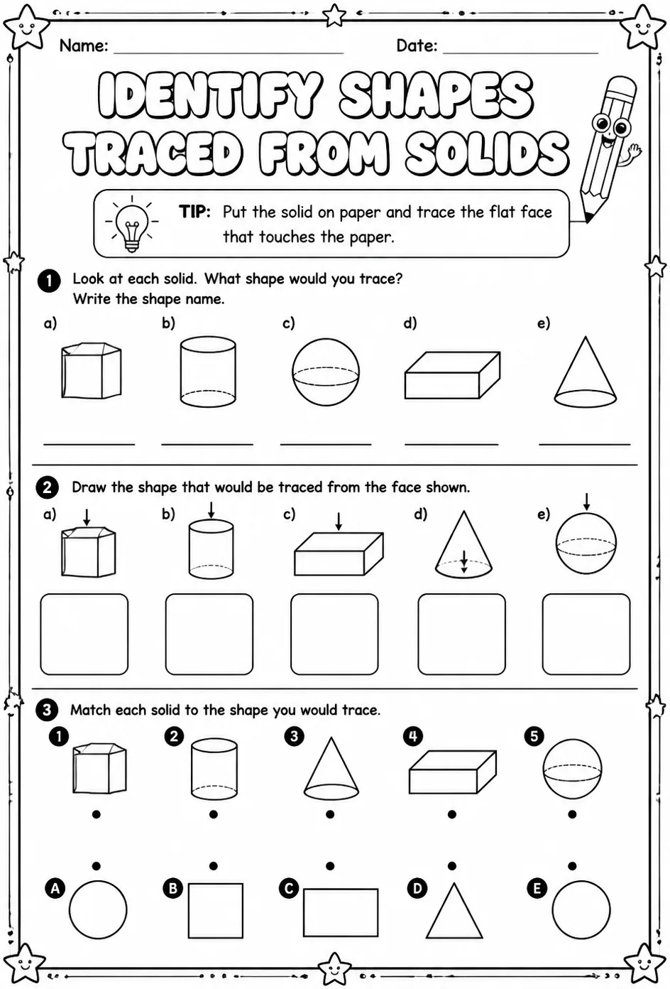 Identify shapes traced from solids — free printable Grade 1 math worksheet