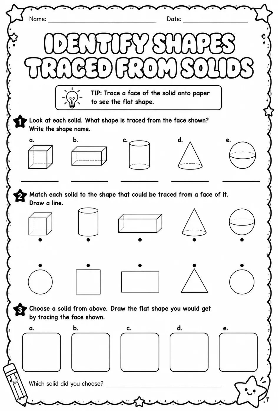 Identify shapes traced from solids — free printable Grade 2 math worksheet