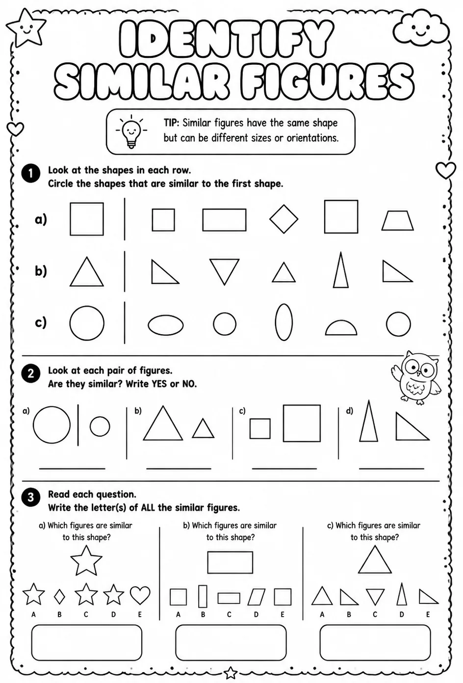 Identify similar figures — free printable Geometry math worksheet