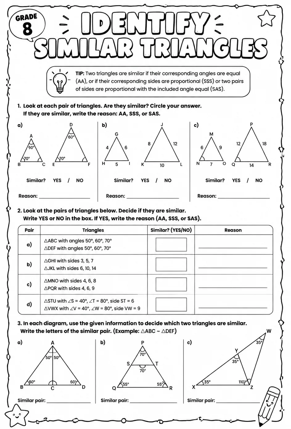 Identify similar triangles — free printable Grade 8 math worksheet
