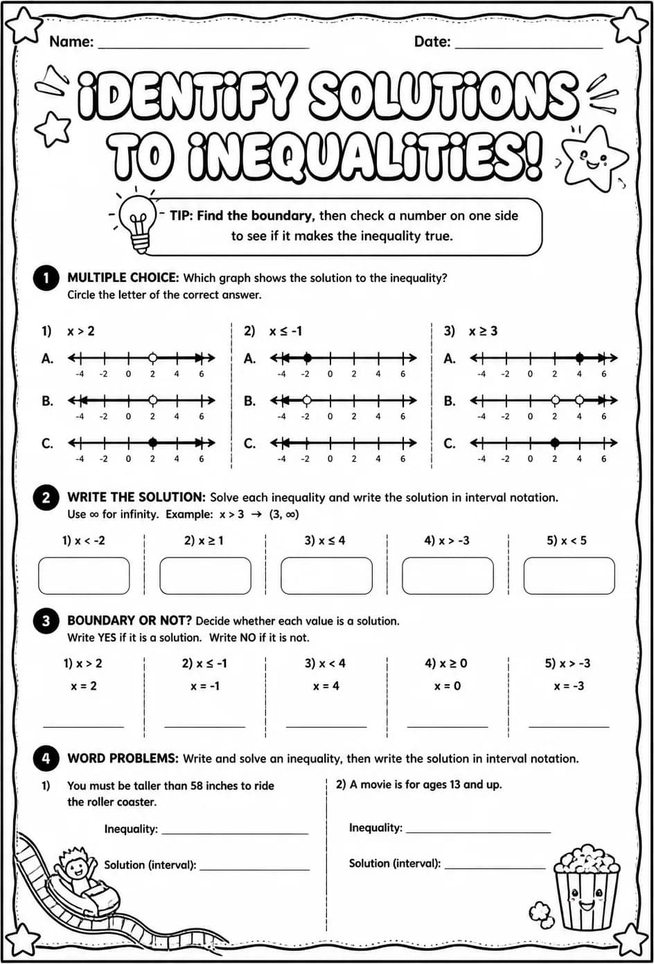 Identify solutions to inequalities — free printable Algebra 1 math worksheet