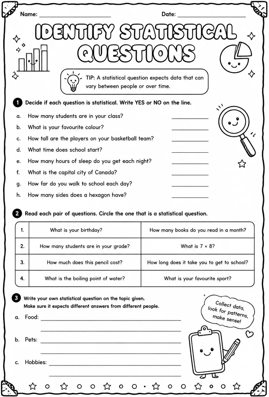 Identify statistical questions — free printable Grade 6 math worksheet