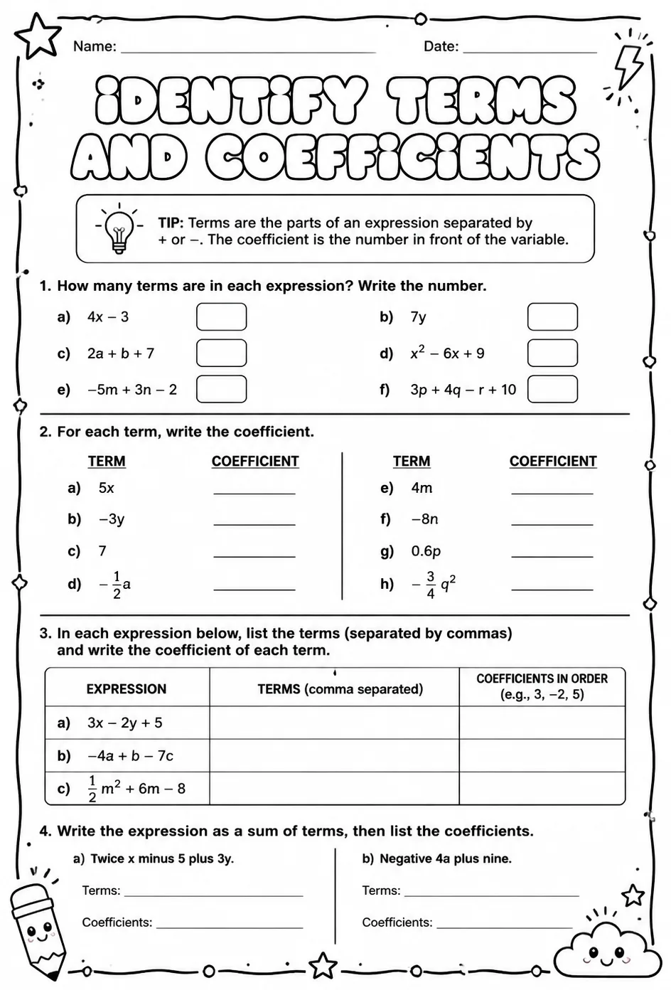 Identify terms and coefficients — free printable Grade 7 math worksheet