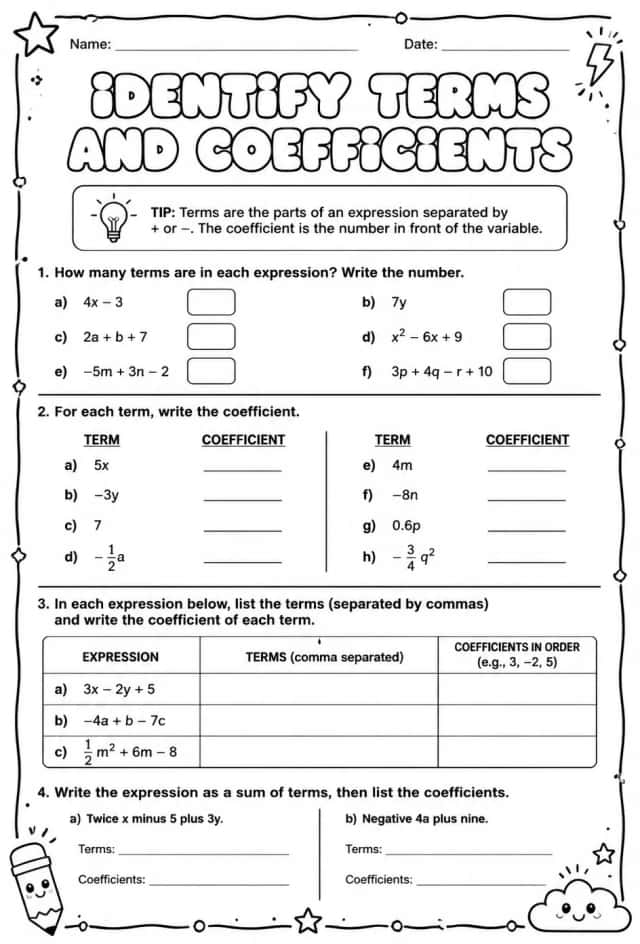 Identify terms and coefficients