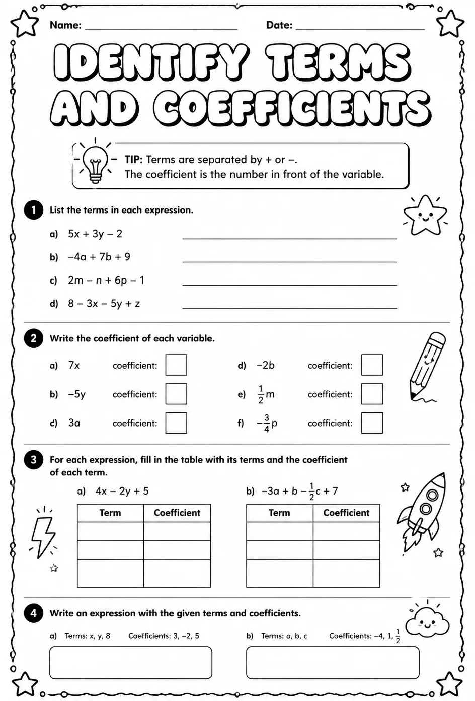 Identify terms and coefficients — free printable Grade 8 math worksheet