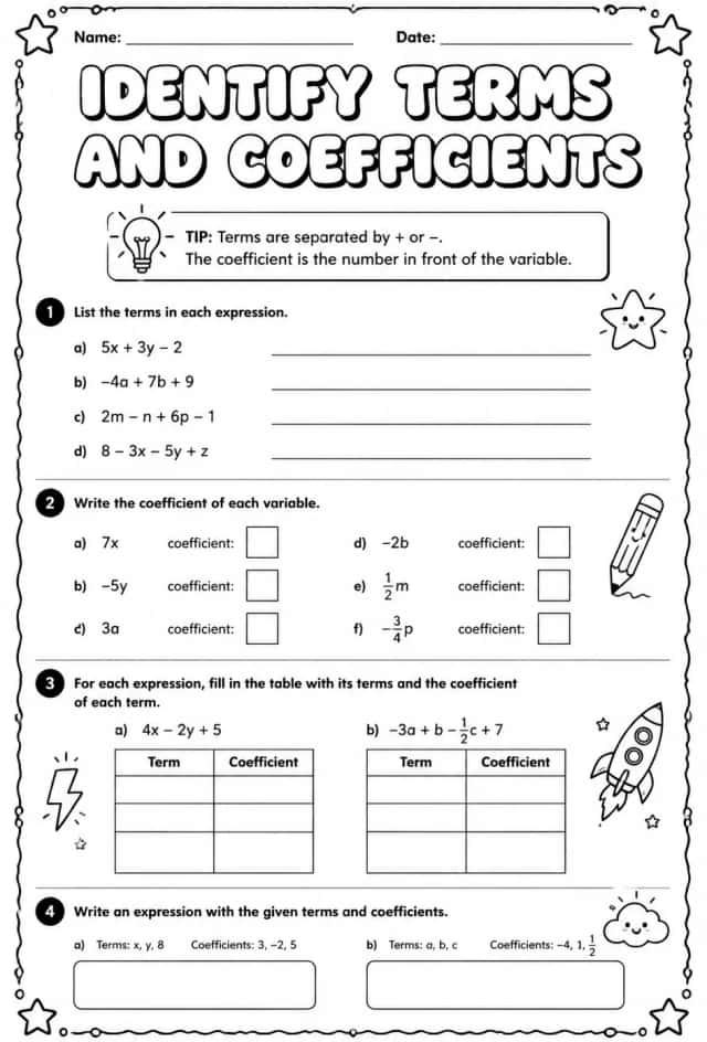 Identify terms and coefficients