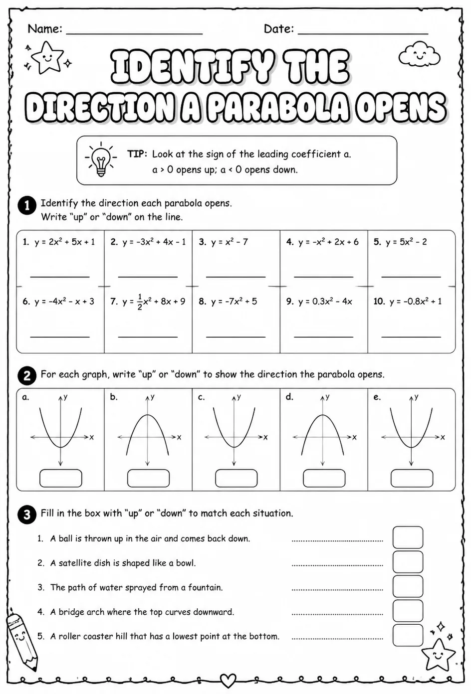 Identify the direction a parabola opens — free printable Algebra 2 math worksheet