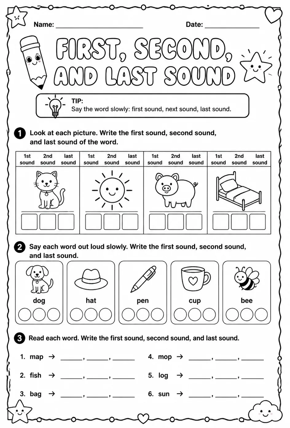 Identify the first, second, and last sound in a word — free printable Reading foundations English worksheet