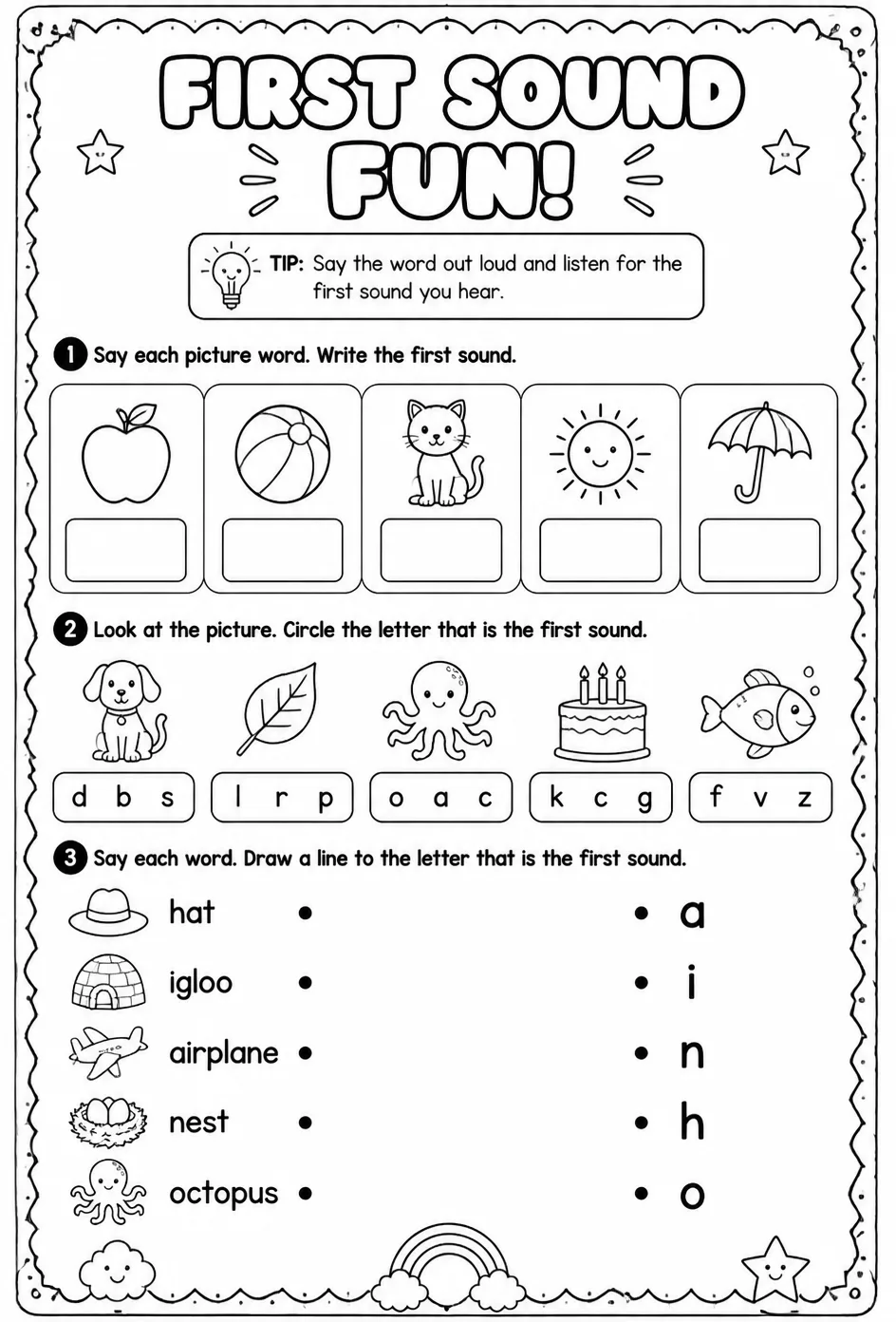 Identify the first sound in a word — free printable Pre-K English & Reading worksheet
