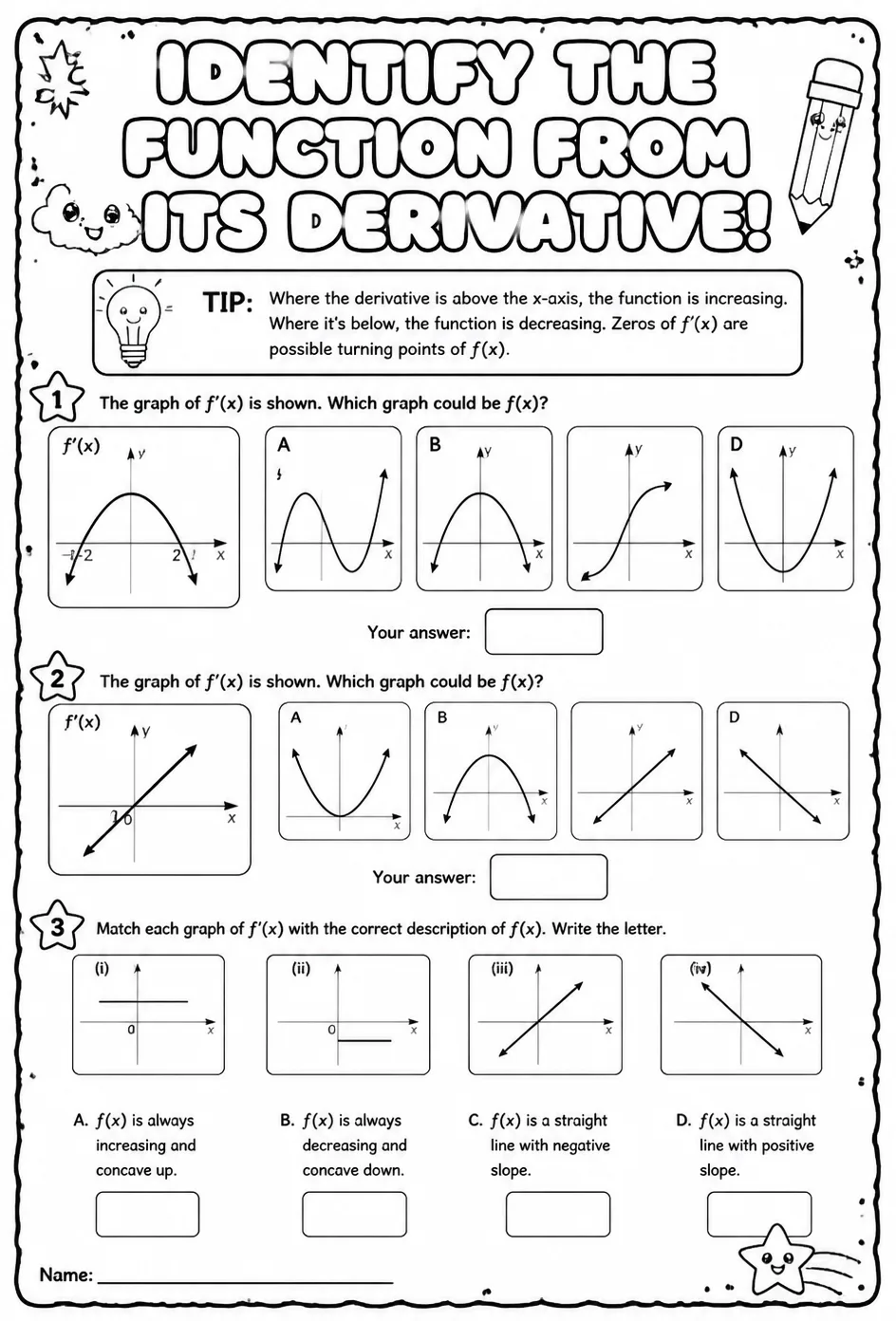 Identify the graph of a function from the graph of its derivative — free printable Calculus math worksheet
