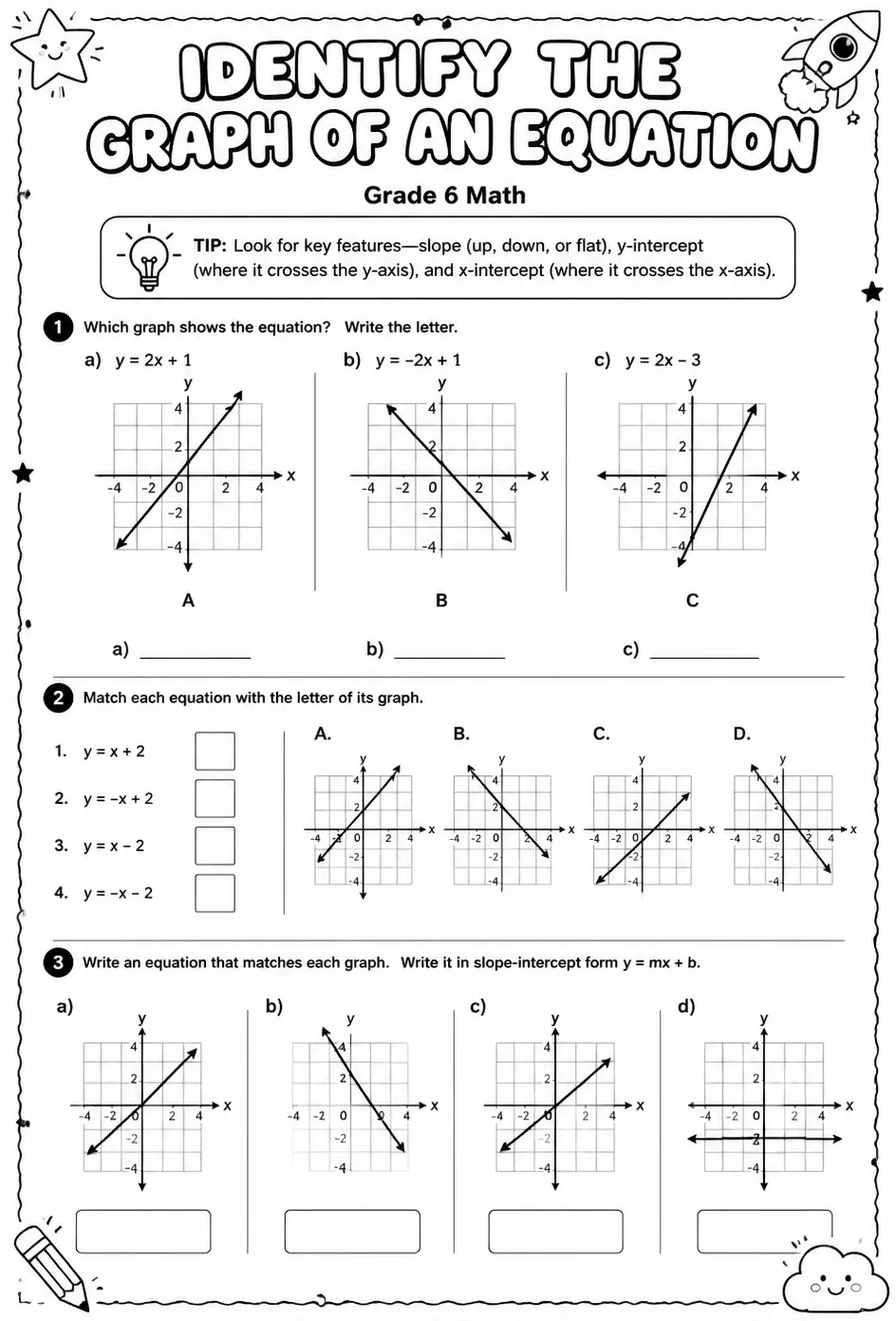 Identify the graph of an equation — free printable Grade 6 math worksheet