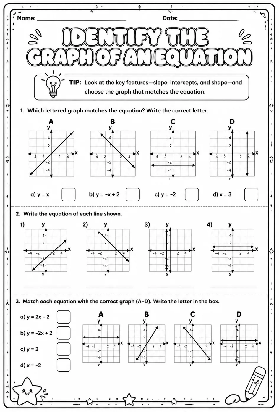 Identify the graph of an equation — free printable Grade 7 math worksheet