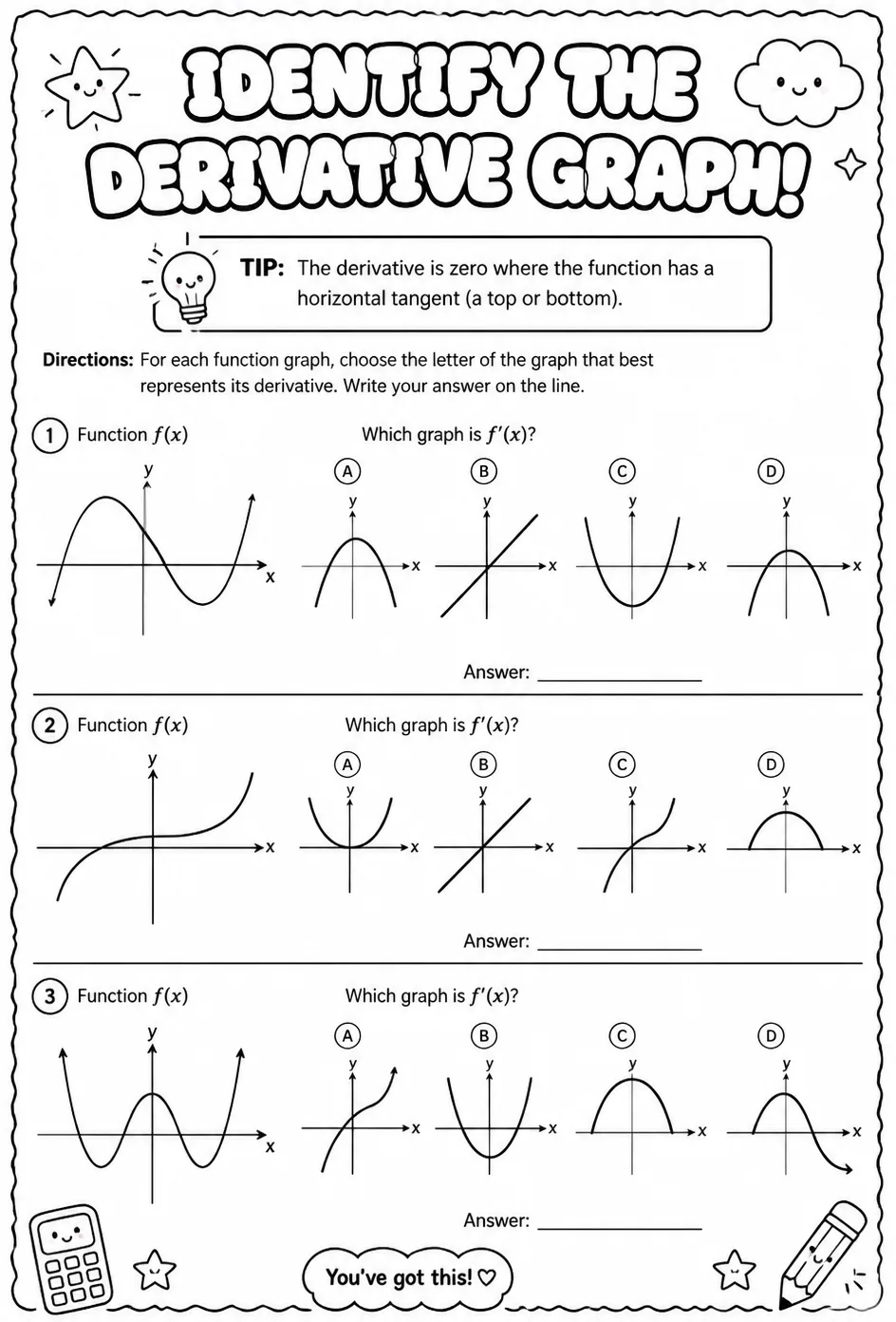 Identify the graph of the derivative from the graph of the function — free printable Calculus math worksheet
