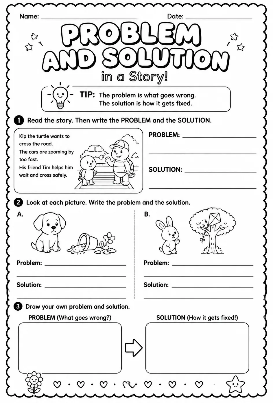 Identify the problem and solution in a story — free printable Kindergarten English & Reading worksheet