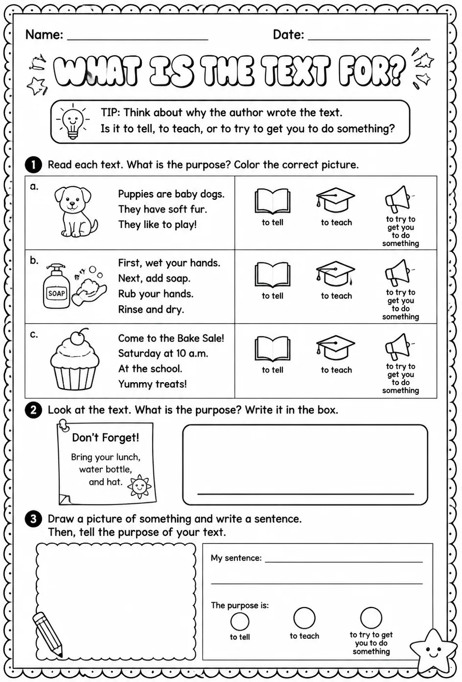 Identify the purpose of a text — free printable Kindergarten English & Reading worksheet