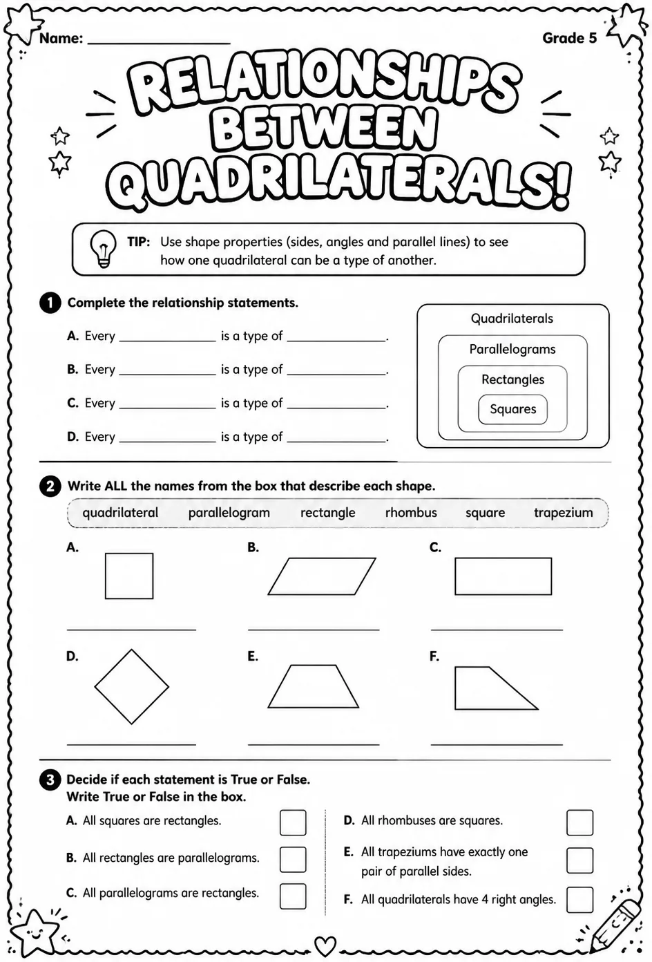 Identify the relationships between quadrilaterals — free printable Grade 5 math worksheet