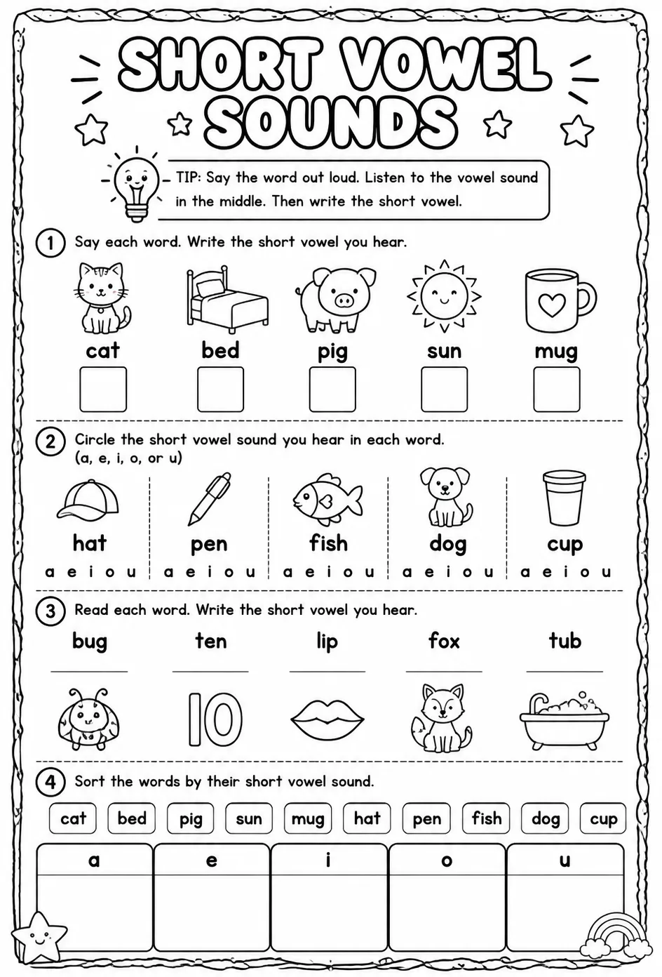 Identify the short vowel sound in a word — free printable Reading foundations English worksheet