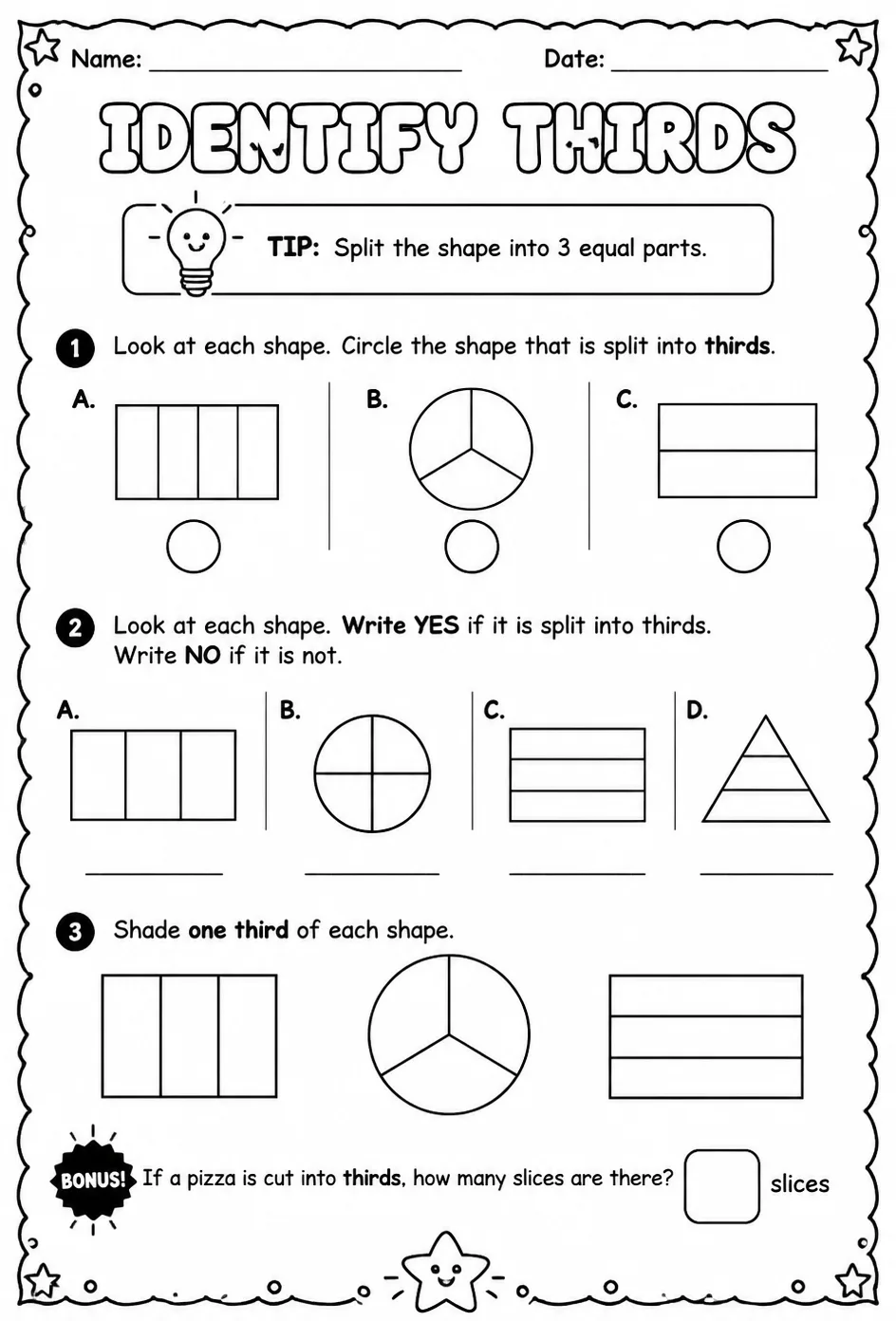 Identify thirds — free printable Grade 2 math worksheet