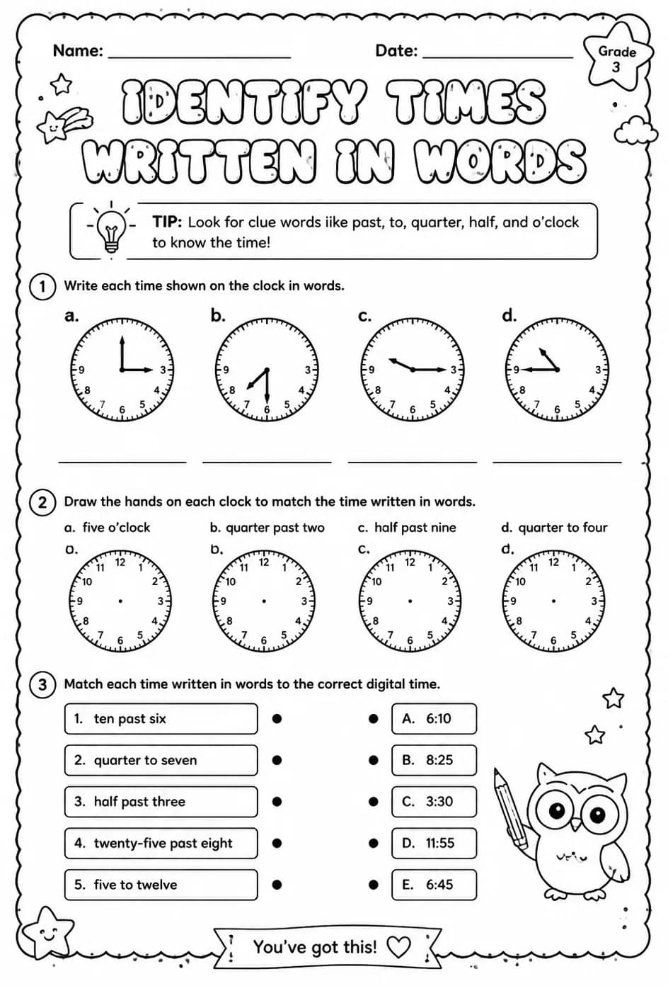 Identify times written in words — free printable Grade 3 math worksheet