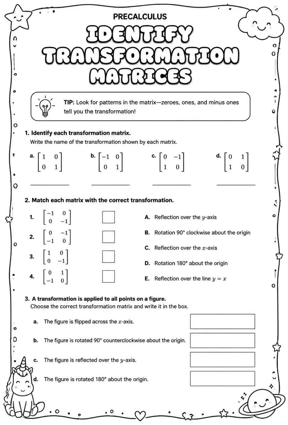 Identify transformation matrices — free printable Precalculus math worksheet