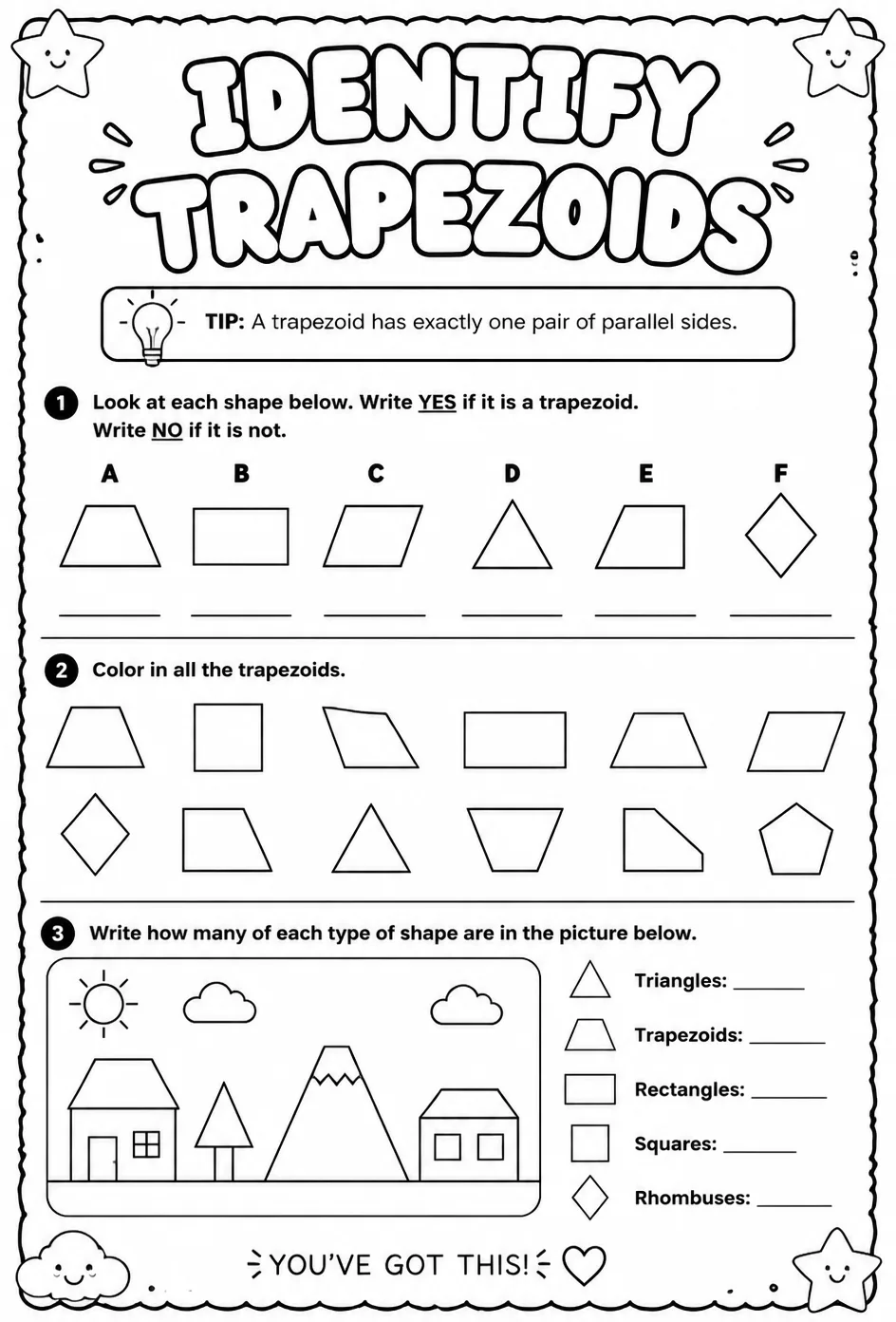 Identify trapezoids — free printable Grade 3 math worksheet