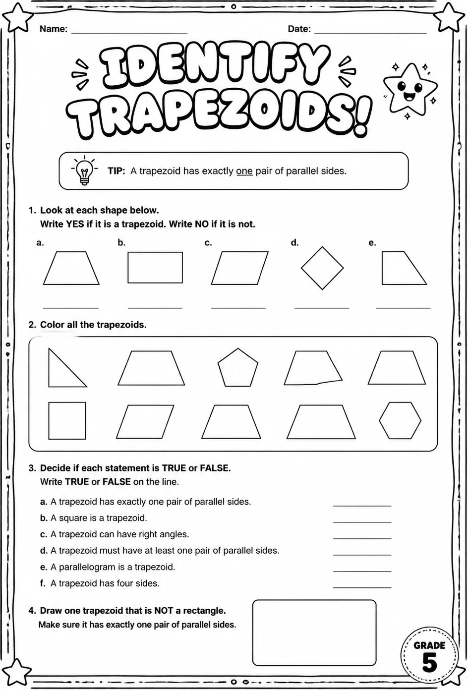 Identify trapezoids — free printable Grade 5 math worksheet